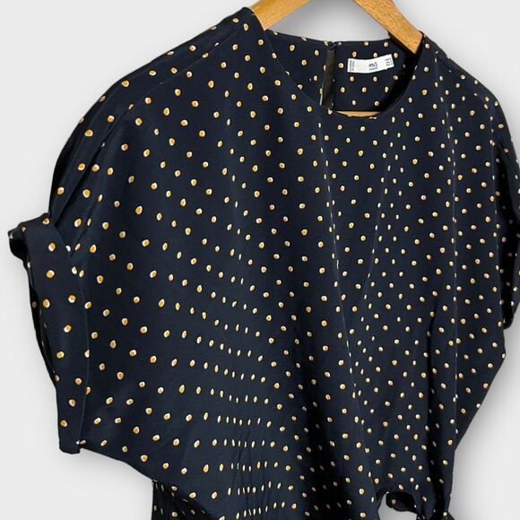 MNG Basics Women's Navy Polka Dot Cuffed Short Sleeve Tie Front Blouse Top Sz 4 - Picture 7 of 15